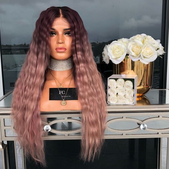 Women's light pink mid-length curly hair wig